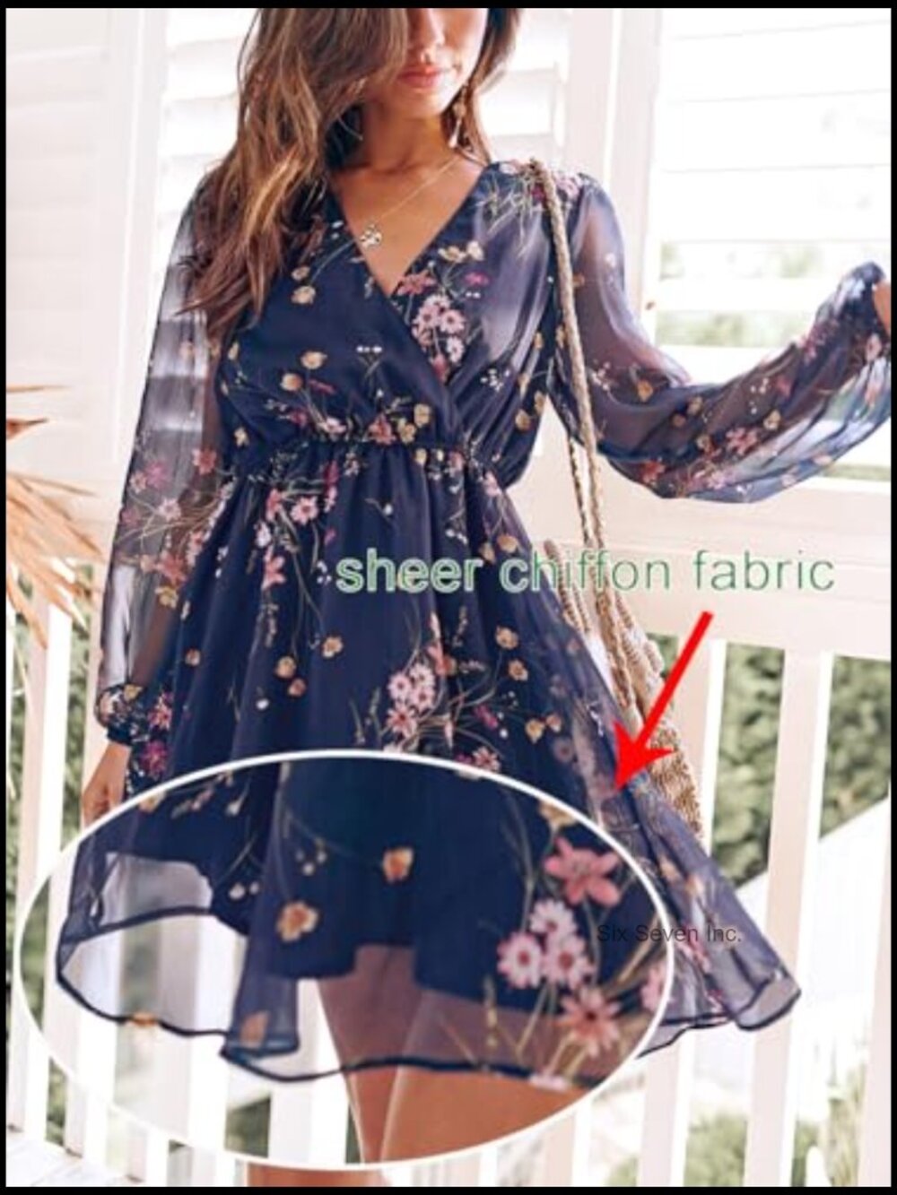 Chiffon V-Neck Mini Dress with Long Sleeves - Picture 4 of 7
